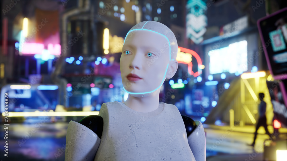 female robot walking along a street in a big city. humanoid AI robot crossing street. 3d render. future automation job. female robot walking along a street in a big city. humanoid AI robot crossing street. 3d render. future automation job.