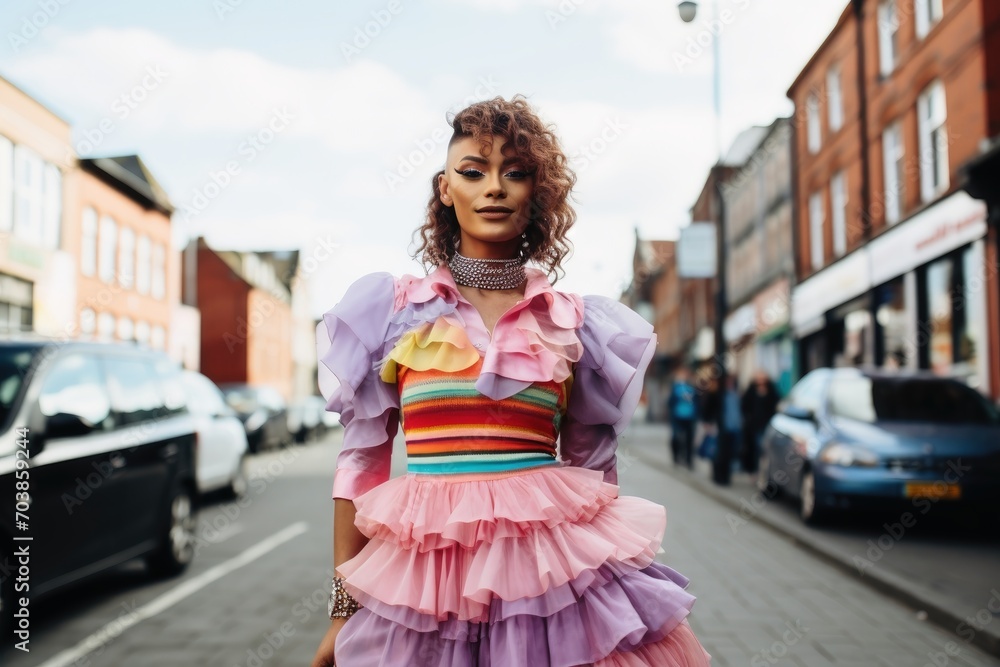A transgender woman dressed in a rainbow outfit on the street.