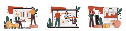 Investing money set. Financial literacy and occupation. Economy and trading. People with charts and diagrams. Graphic element for website. Cartoon flat vector collection isolated on white background