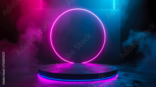 
Neon abstract podium for product in glowing style with copy space