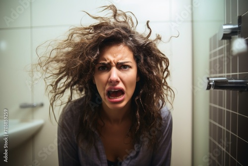 A woman in a bathroom having a bad hair day.