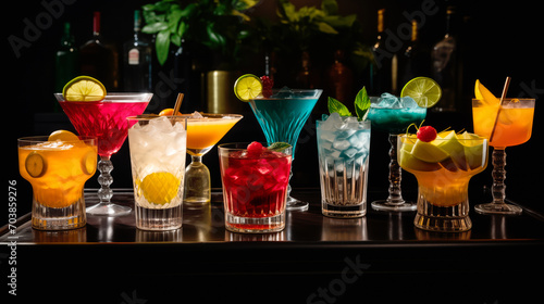 Set and collection of classic alcohol cocktails or mocktail on dark black background with fresh summer fruits