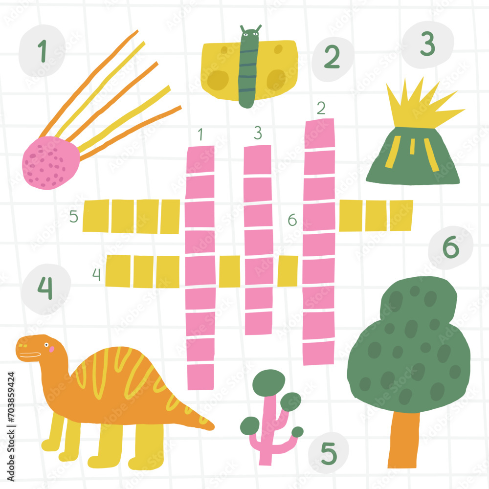 Learn dinos crossword game for kids. Cute hand drawn doodle funny Jurassic era dinosaur puzzle. Educational worksheet, mind task, riddle, strategy quiz, mental teaser, challenge, brain trainer for chi