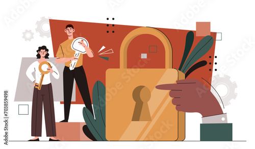 Key to open padlock. Man and woman near lock. Business strategy and solution of problems. Safety and security of personal data. Cartoon flat vector illustration isolated on white background