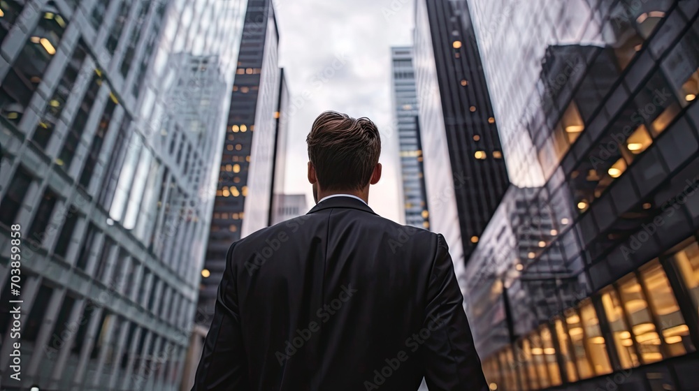 A handsome businessman standing with his back in front of a tall skyscraper building in a modern american city. A handsome businessman standing with his back in front of a tall skyscraper building in a modern american city.