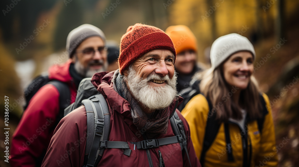 Group of senior various national people hiking through the forest and mountains together Group of senior various national people hiking through the forest and mountains together