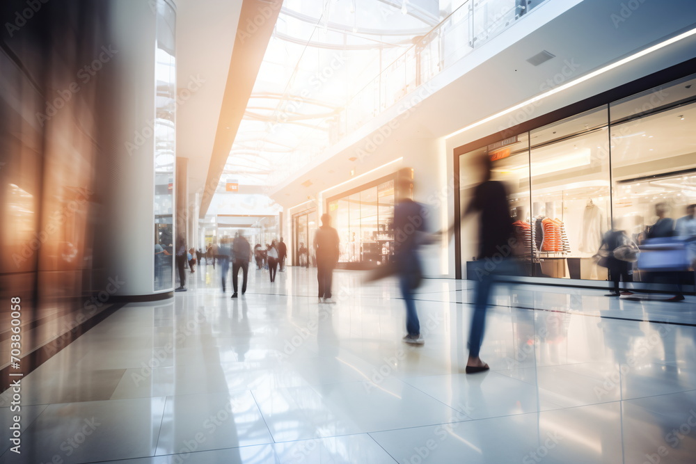 Crowded shopping mall with blurred motion of people walking, Crowded shopping mall with blurred motion of people walking,