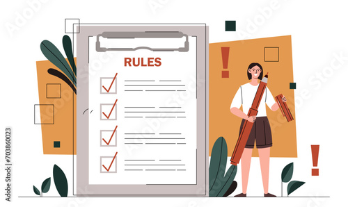 List rules regulations concept. Woman with pen near to do list. Guide and manual. Company rules and ethical business. Cartoon flat vector illustration isolated on white background