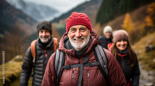 Group of senior various national people hiking through the forest and mountains together