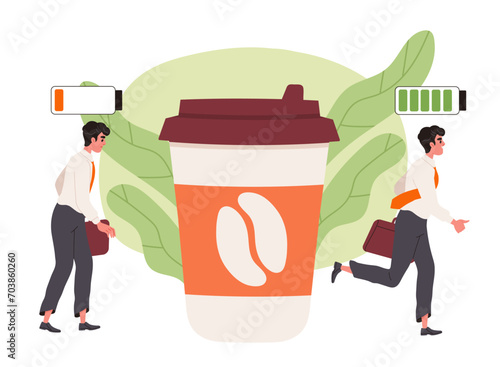 Man drink coffee for energy. Young guy with low and high battery indicator. Refreshing hot drink in plastic cup. Aroma and beverage. Americano and espresso. Cartoon flat vector illustration