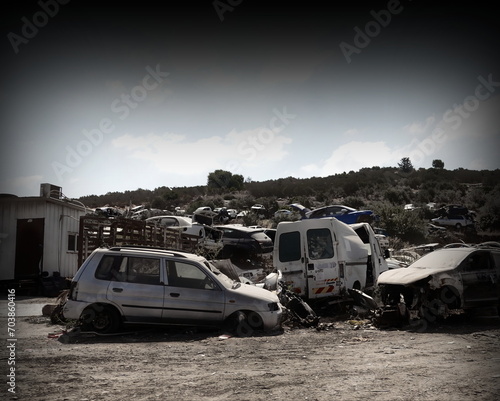 Car dump junkyard. Pile of discarded cars on junkyard. Israel. Palestine. Barta