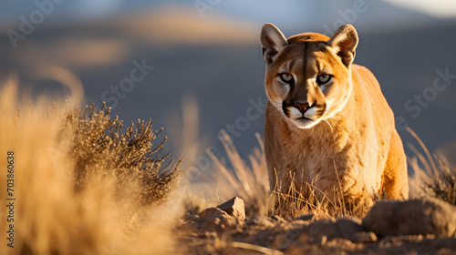 mountain lion observing in the middle of the highland desert.