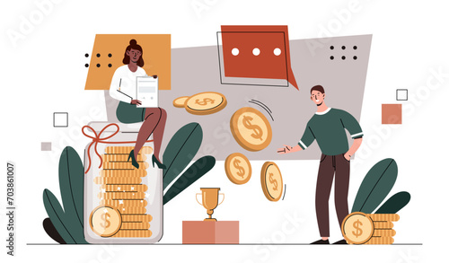 Money remuneration concept. Man and woman with golden coins. Financial literacy and occupation, passive income. Workers and freelancers with wages and earnings. Cartoon flat vector illustration