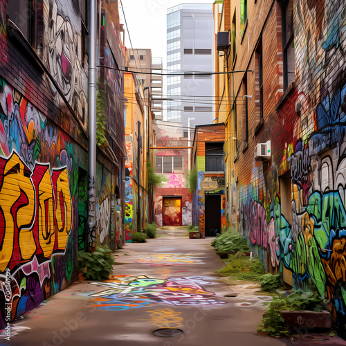 A graffiti-covered alley in an urban setting. © Cao