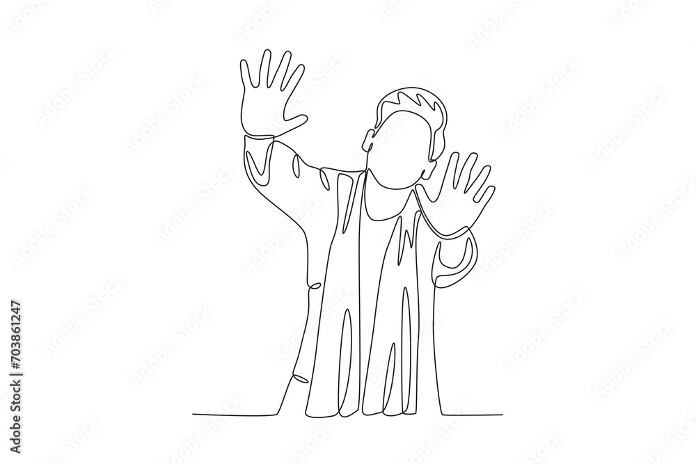 A man dances at the Holi festival by pointing his hands forward. Holi one-line drawing