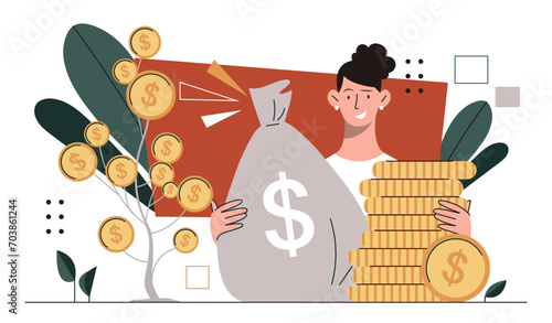Woman with money tree concept. Young girl with bag of golden coins. Financial litearcy and passive income. Economy, trading and investing. Businesswoman with start up. Cartoon flat vector illustration