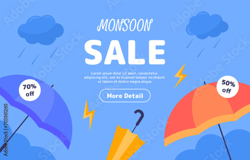 Monsoon season sale poster. Red and blue umbrellas under rain. Autumn and fall season. Discounts and promotions, special and limited offer for clients. Cartoon flat vector illustration