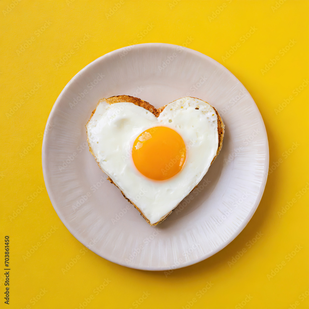 heart-shaped fried egg on a plate on yellow background; top view heart-shaped fried egg on a plate on yellow background; top view