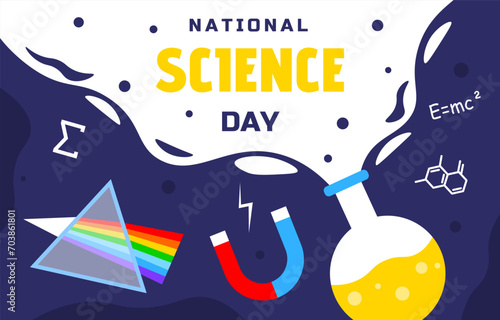 National science day poster. Traditional international holiday and festival. Magnet near flask with reagent and glass with difraction of lights. Learning and training. Cartoon flat vector illustration