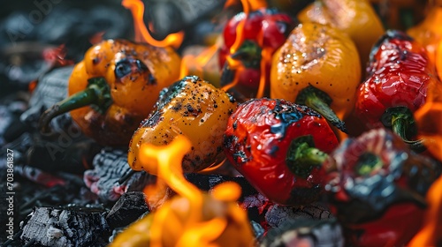 Sizzling grilled BBQ bell peppers with charred stripes, cooking over open flames on a grill, perfect for a summer barbeque or outdoor cooking event. photo