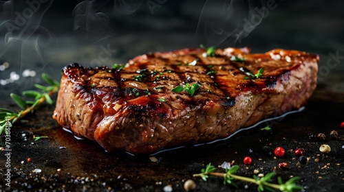 Succulent grilled beef steak with perfect sear marks, served on a rustic plate against a dark, elegant backdrop, exuding a luxurious and gourmet dining experience.