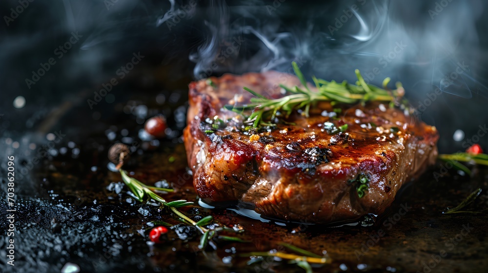 Succulent grilled beef steak with perfect sear marks, served on a rustic plate against a dark, elegant backdrop, exuding a luxurious and gourmet dining experience. Succulent grilled beef steak with perfect sear marks, served on a rustic plate against a dark, elegant backdrop, exuding a luxurious and gourmet dining experience.