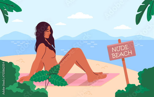 Nude beach concept. Young girl sitting at sand and look at sea or ocean. Tourism in tropical and exotic countries. Female nudist rest at coastline. Cartoon flat vector illustration