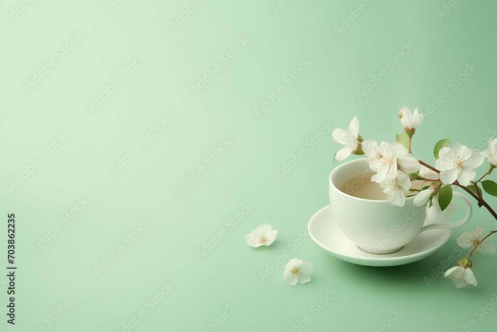 A cup of tcherry flower ea with cherry flower branch on pastel green background.