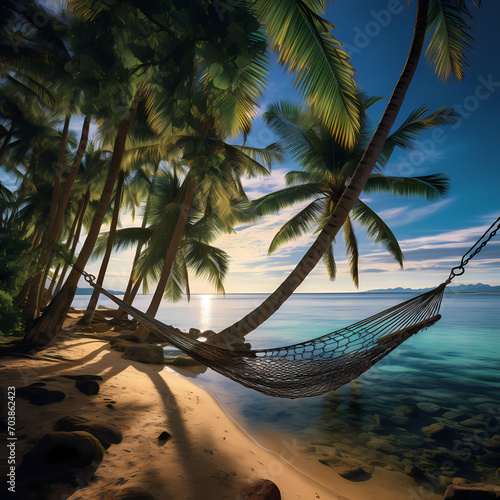 A serene beach scene with a hammock between palm trees. © Cao