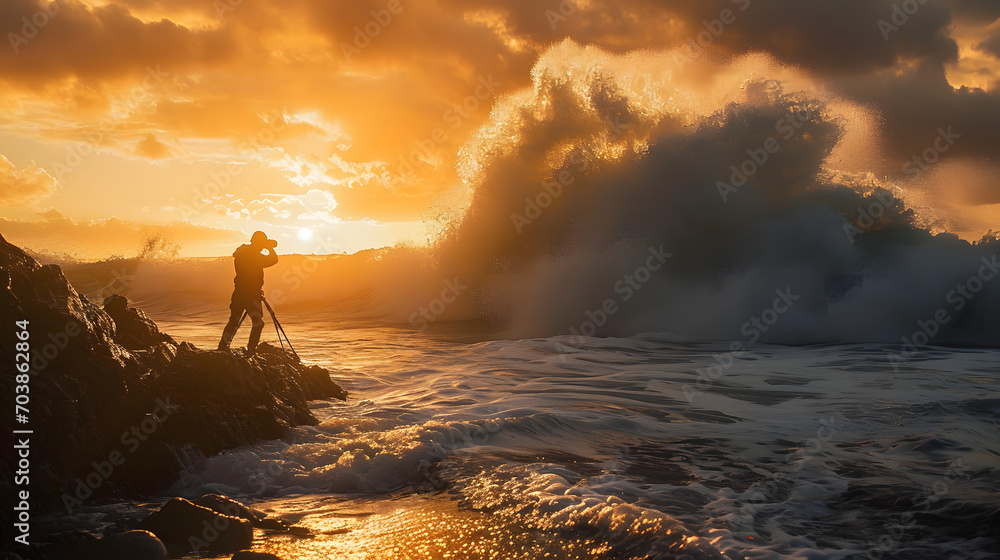 Une belle image d'un photographe capturant une vague se brisant dans la mer au coucher du soleil, Intelligence Artificielle Générative - obrazy, fototapety, plakaty 
