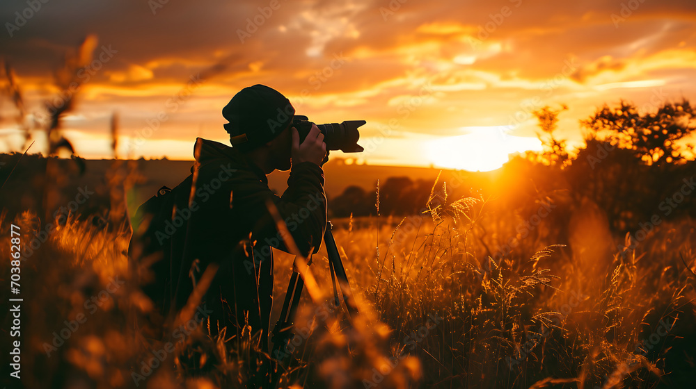 Fototapeta premium Fotógrafo registrando um final de tarde no campo: Celebrando o Dia do Fotógrafo com Foco e Arte, AI Generativa