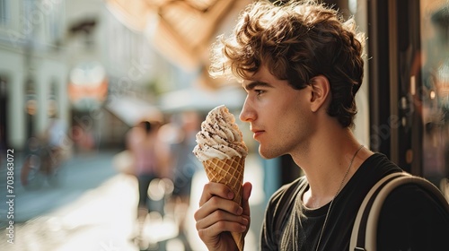 A handsome young american model man holding and eating a gelato ice cream in a cone outside in a city on a sunny summer day. Blurred background.