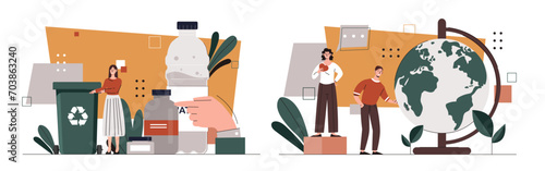 People collecting plastic set. Recycling and reuse. Sustainable and zero waste lifestyle. Man and woman near trashcan. Eco activists. Cartoon flat vector collection isolated on white background