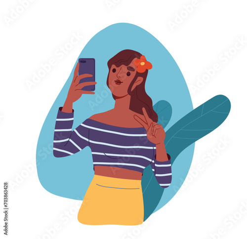Person taking pictures at phone. Woman take selfie at smartphone. Traveler and tourist. Memories about vacation. Social media post. Cartoon flat vector illustration isolated on white background