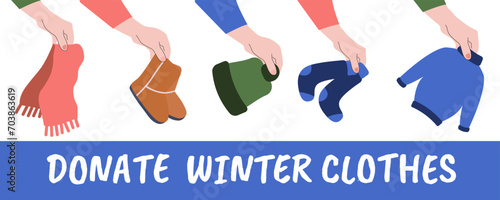 Winter warm clothing donation.Charity, social care and help concept.Flat vector illustration
