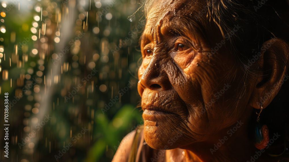 Documentary Photography, Face close-up Wrinkles on the rain-soaked face of a savage, an indigenous tribe in the rain-soaked Amazon forest. - obrazy, fototapety, plakaty 