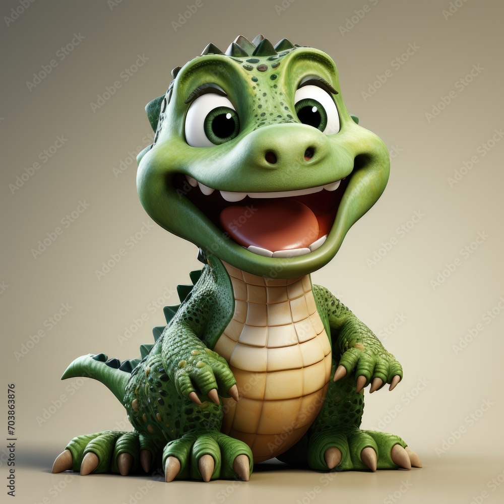 Fototapeta premium 3d illustration of cartoon character crocodile for children. Cute fairy crocodile print for clothing, stationery, books, merchandise. 3D banner of toy crocodile, dinosaur, dragon, background.