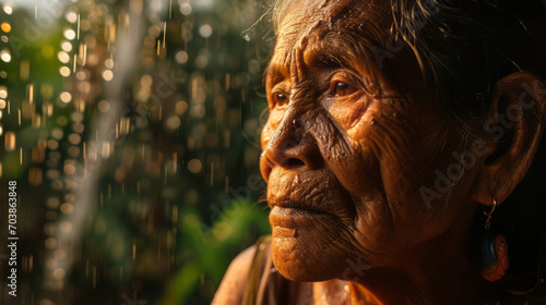 Documentary Photography, Face close-up Wrinkles on the rain-soaked face of a savage, an indigenous tribe in the rain-soaked Amazon forest. photo