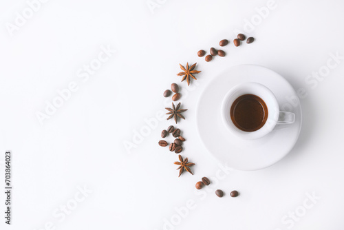 white coffee cup and beans on white background, Cup of espresso.Top view
