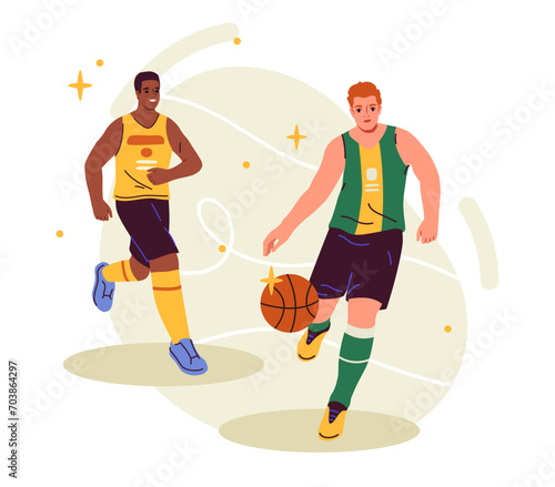 People play basketball. Two man with orange rubber ball. Active lifestyle and team sports. Basketballers at tournament or competition. Cartoon flat vector illustration isolated on white background