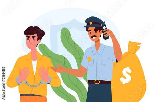 Policeman and jailer. Man in police uniform with young guy in handcuffs. Criminal with detective with walkie talkie. Crime investigation. Cartoon flat vector illustration isolated on white background