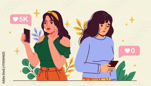Popular vs unpopular women. Different young girls with smartphones look at reactions in social networks. Different users of social media. Cartoon flat vector illustration isolated on beige background