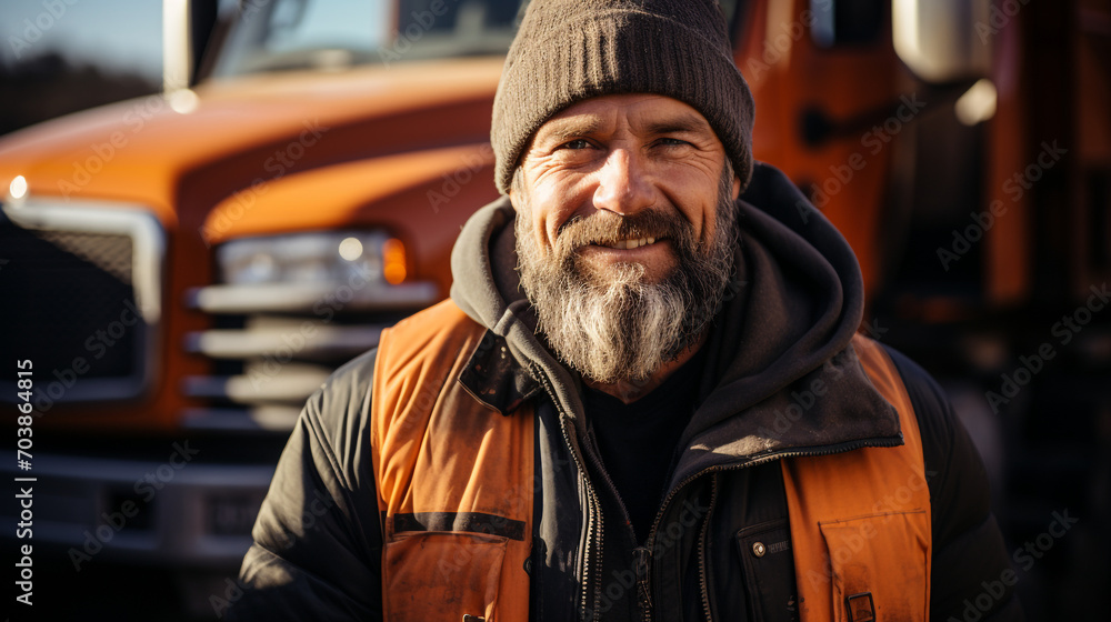 Portrait of a middle-aged truck driver standing next to his truck