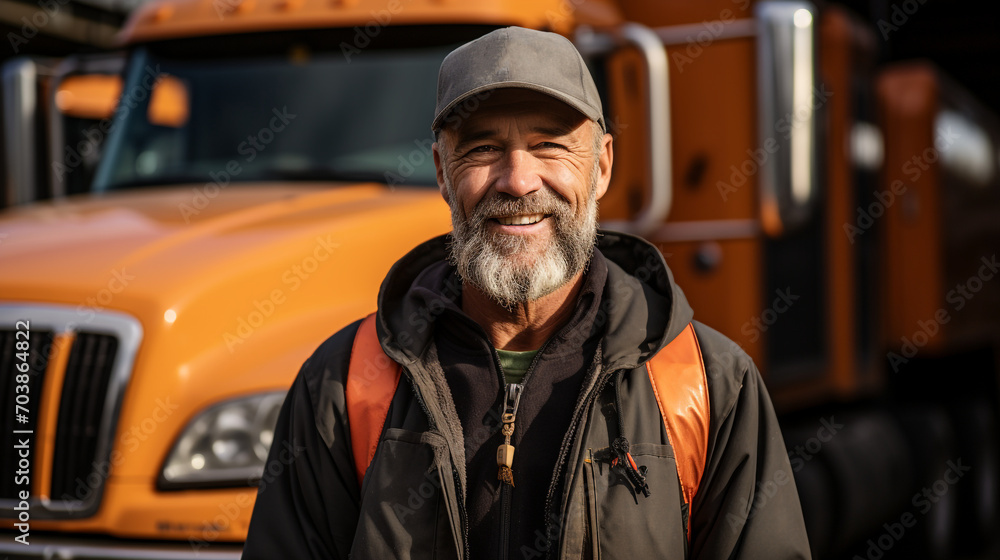 Portrait of a middle-aged truck driver standing next to his truck Portrait of a middle-aged truck driver standing next to his truck