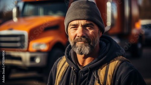 Portrait of a middle-aged truck driver standing next to his truck