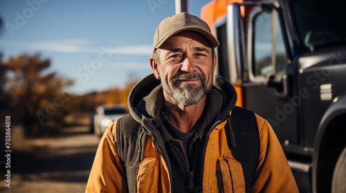 Portrait of a middle-aged truck driver standing next to his truck © Migma_Agency