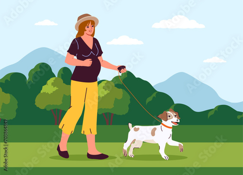 Pregnant woman and dog outdoor. Owner with domestic animal at leash walk in sunny day. Spring or summer season. Pregnancy and motherhood. Household chores. Cartoon flat vector illustration