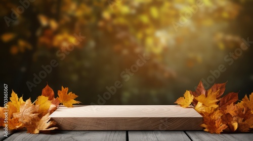 Empty wooden table for product display, bokeh autumn ambiance background