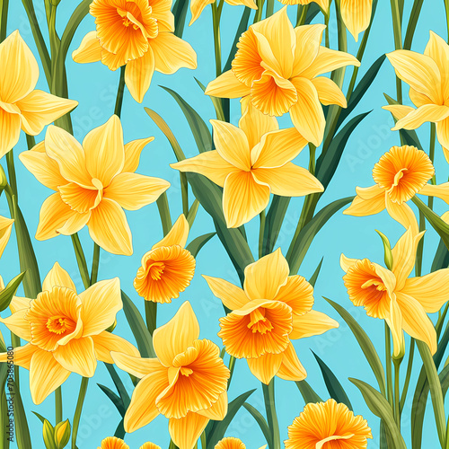 seamless pattern of yellow Narcissus Daffodil on light blue background  early spring flower bloom  primrose garden  spring gardening  wallpaper and floral background postcard