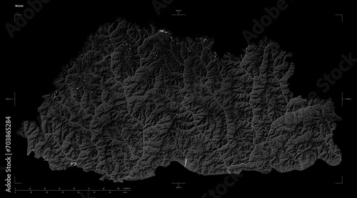 Bhutan shape isolated on black. Grayscale elevation map